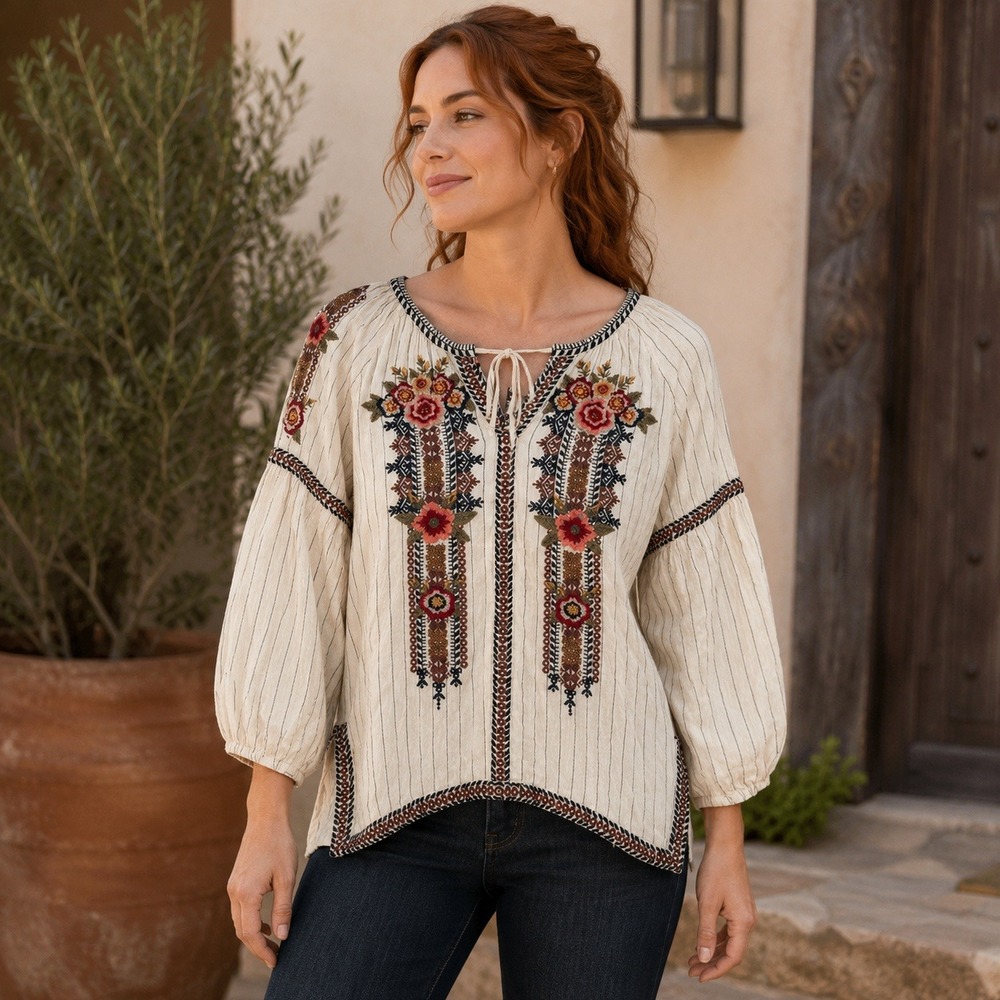 Johnny Was Workshop XS Embroidered‎ Floral Peasant Blouse Cream Cotton